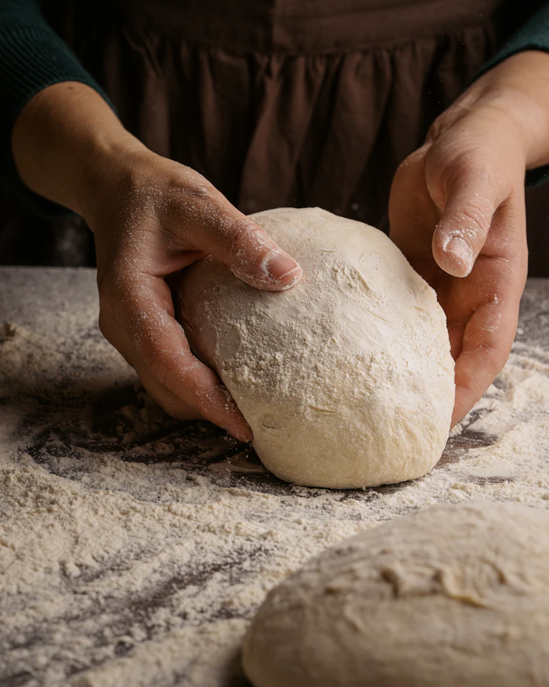 Hands kneading a ball of bread dough on a floured table