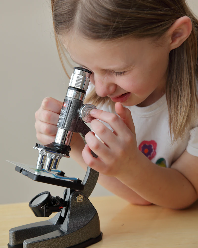 A young girl looking into a microscope at the kitchen table