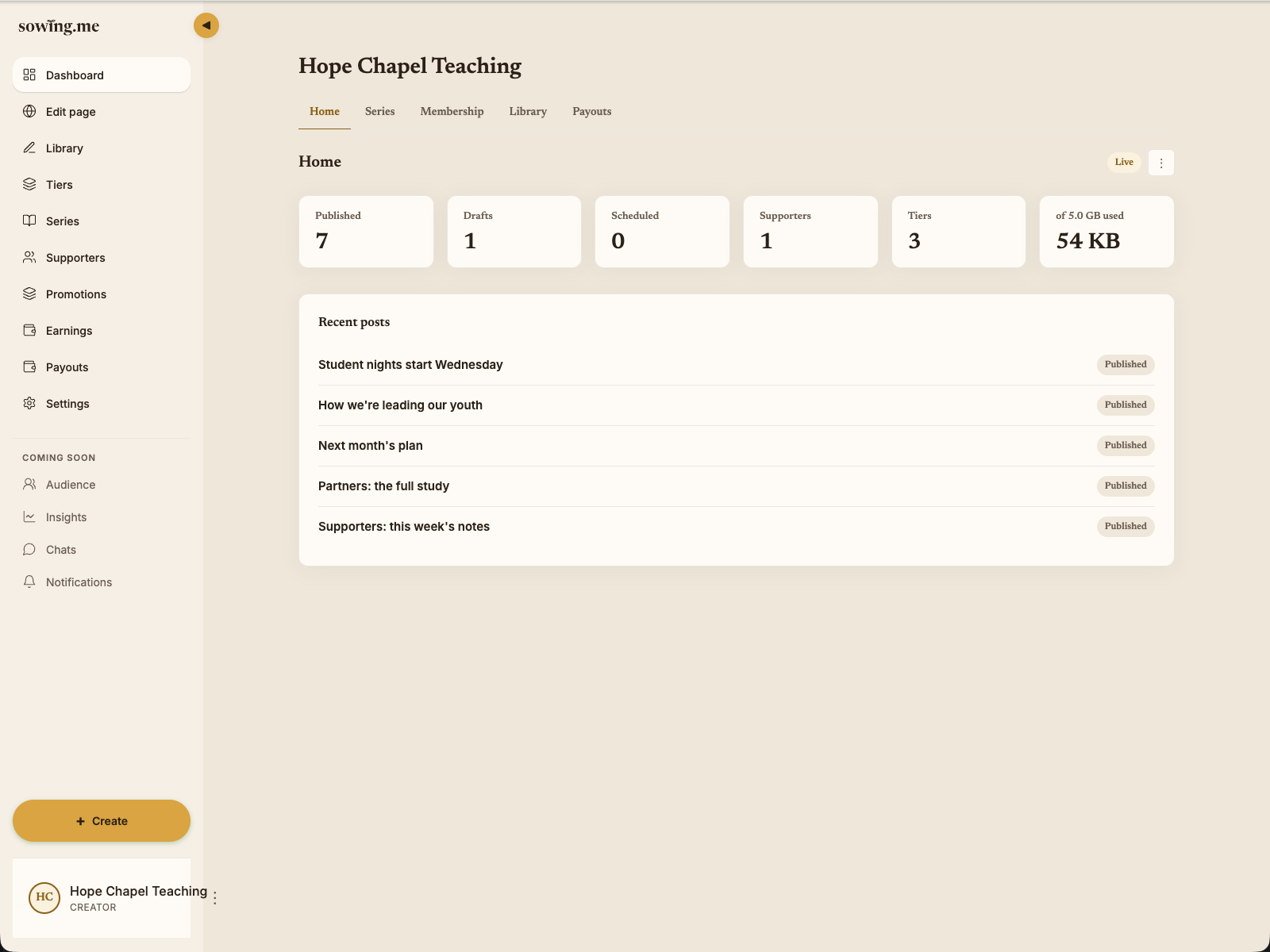 The Sowing.me creator dashboard, showing published post, draft, supporter and tier counts above a list of recent posts