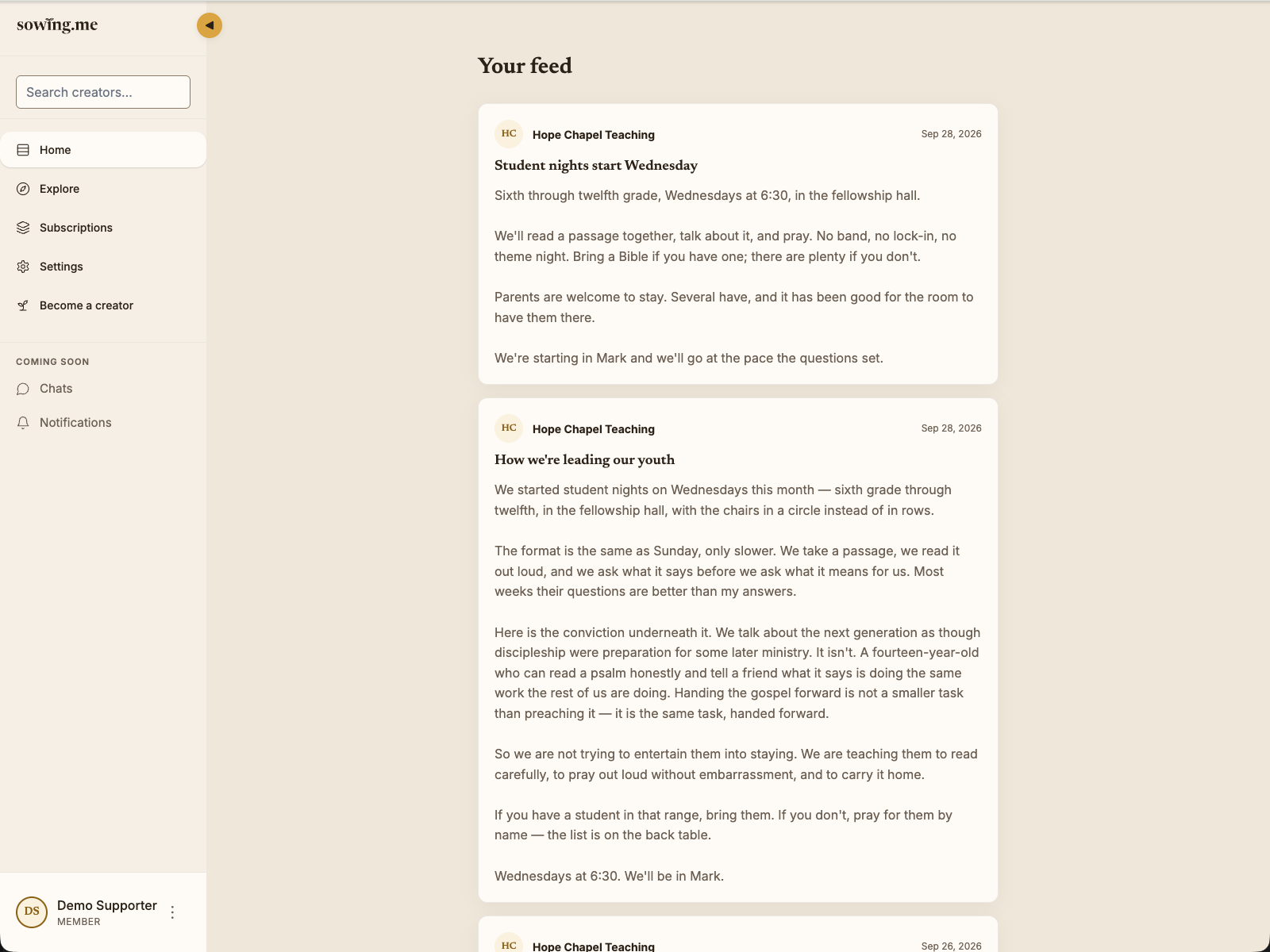 A supporter’s feed on Sowing.me, showing two posts from Hope Chapel Teaching in the order they were published
