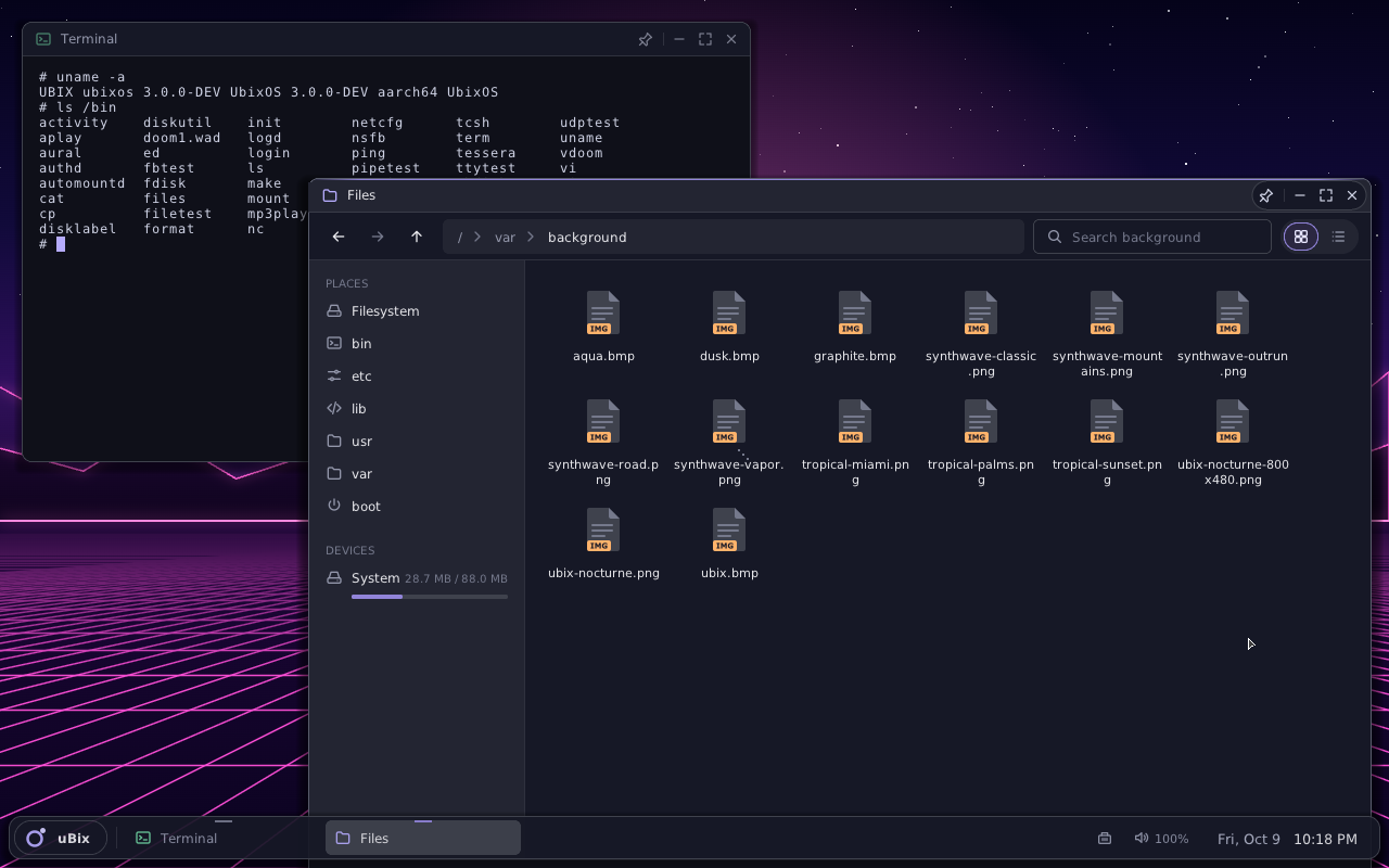 Terminal and Files windows on the uBixOS ARM64 desktop
