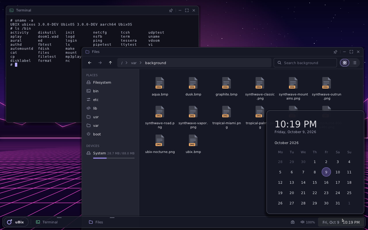 uBixOS taskbar clock with the month calendar open