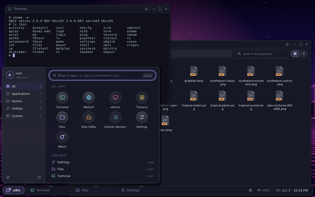 uBixOS launcher with app grid, categories, search and recent apps