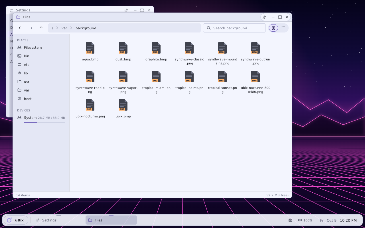 uBixOS in light mode with Files and Settings