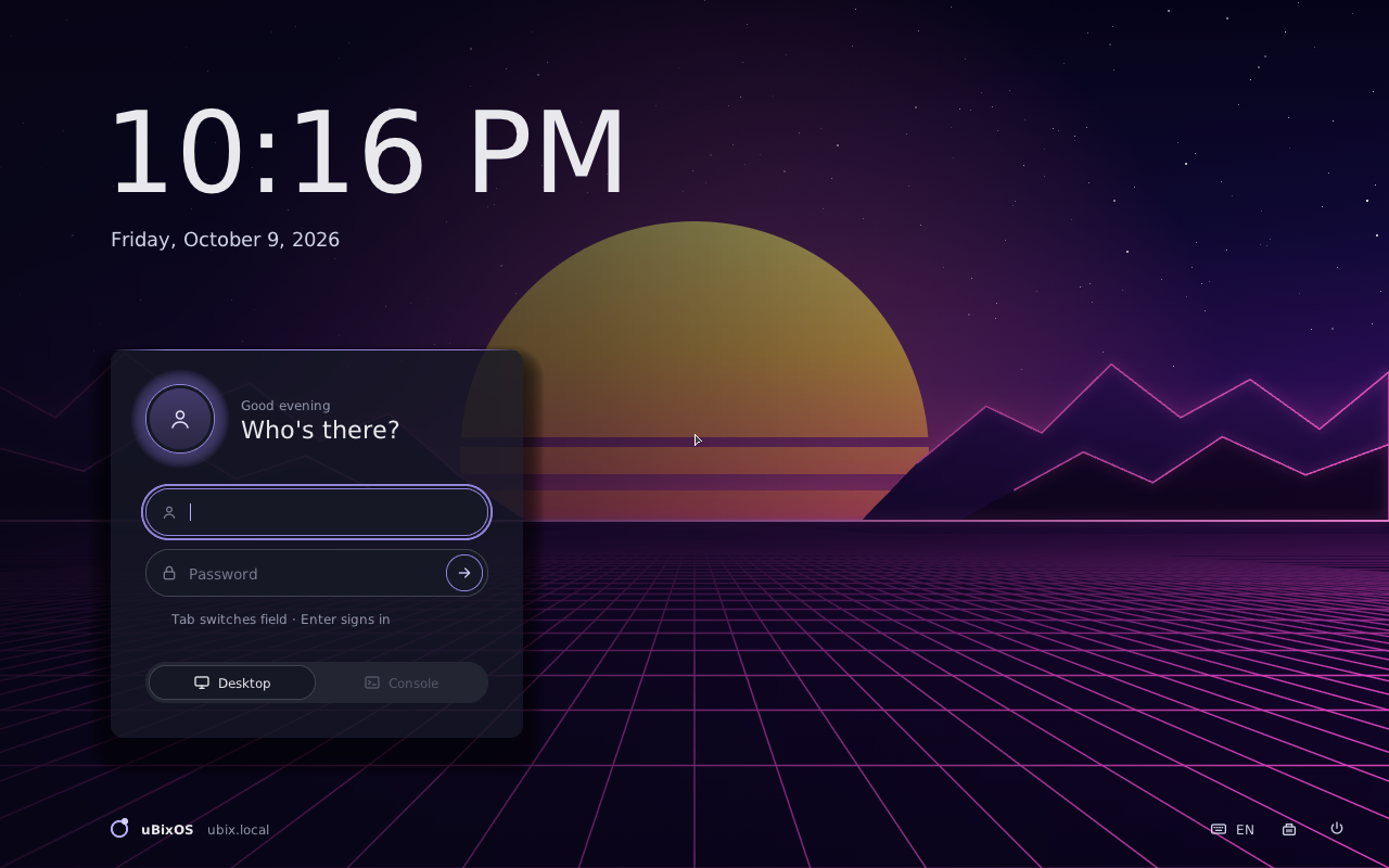uBixOS lock screen on ARM64 with clock, sign-in card and session switch