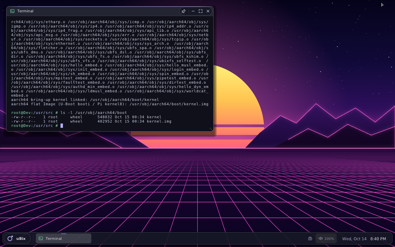 The kernel build finishing inside UbixOS on aarch64