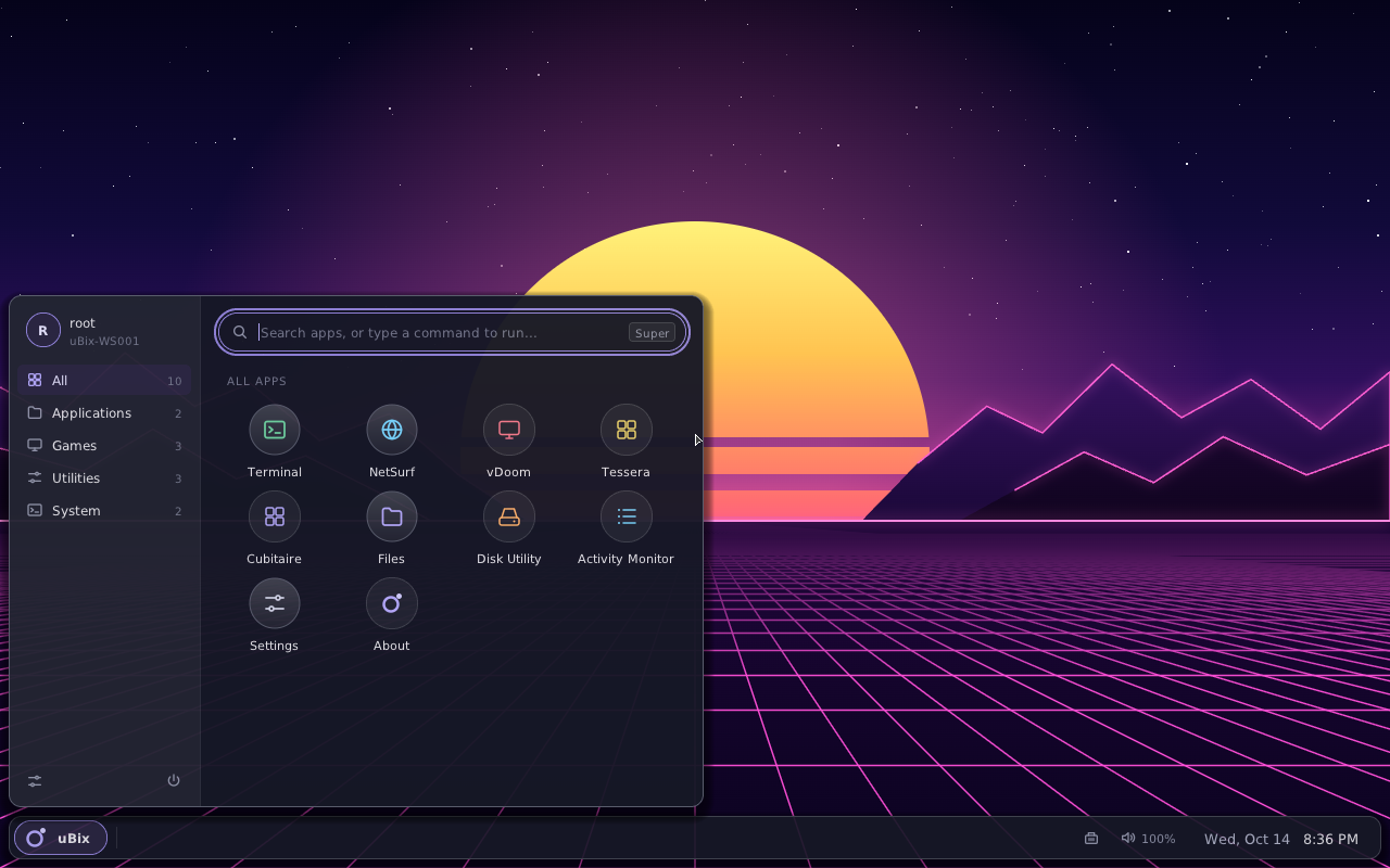 The launcher: categories, search, recents and the power menu