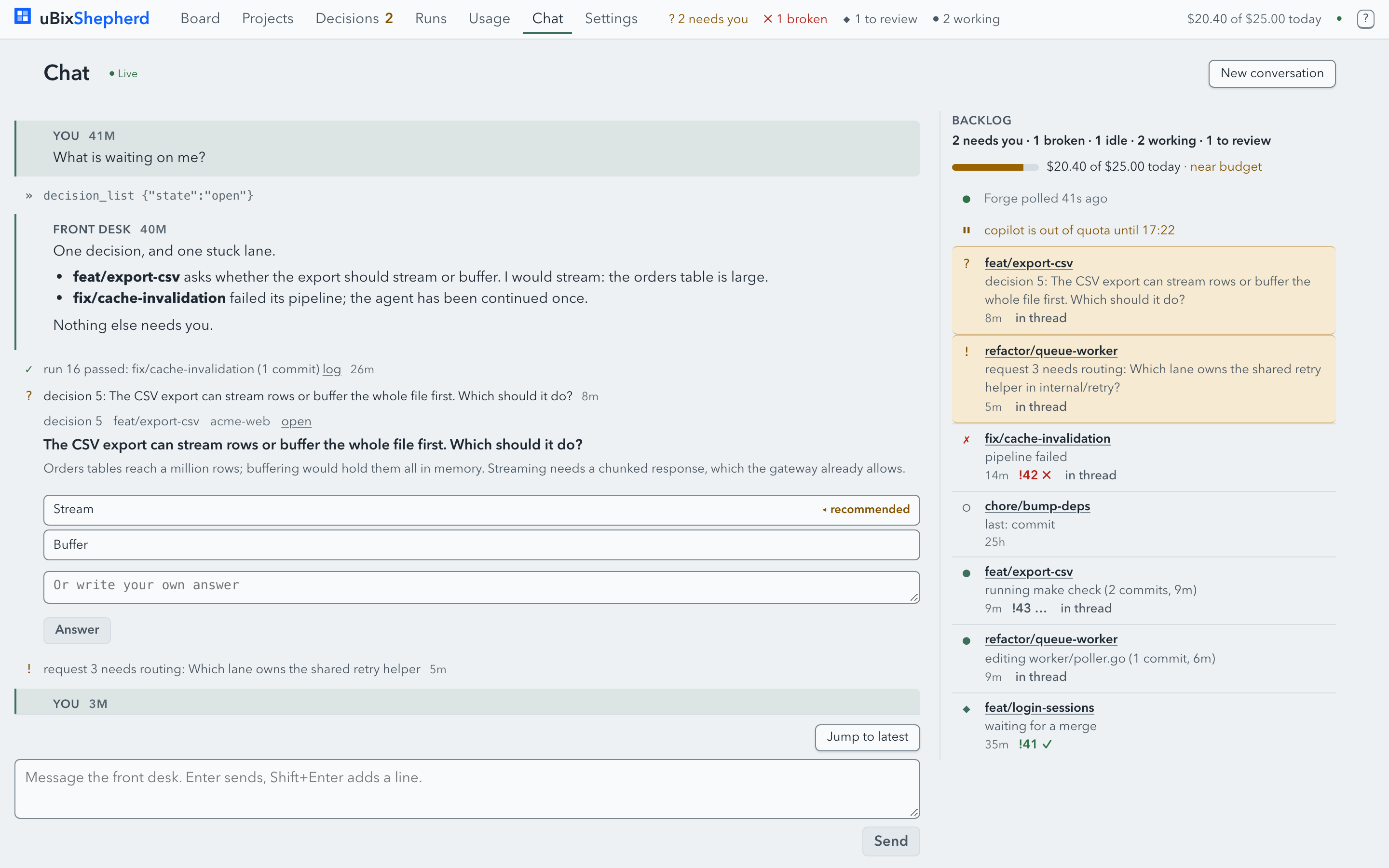 The chat page: the front desk's thread on the left, the backlog rail on the right